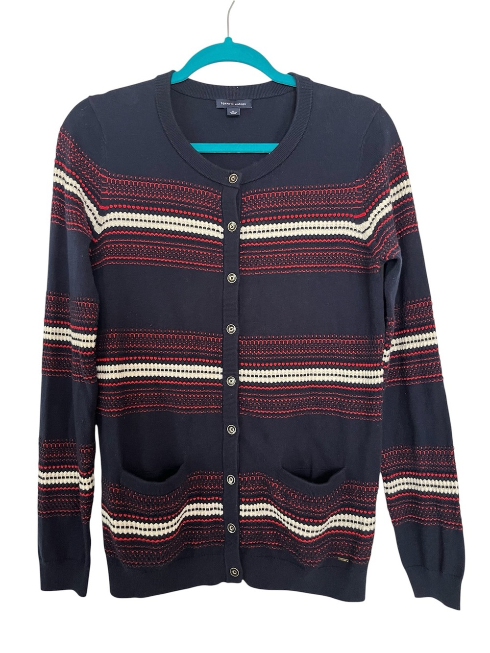 Tommy Hilfiger Women’s SzM Navy, Red, White Stripe Button-Front Cardigan